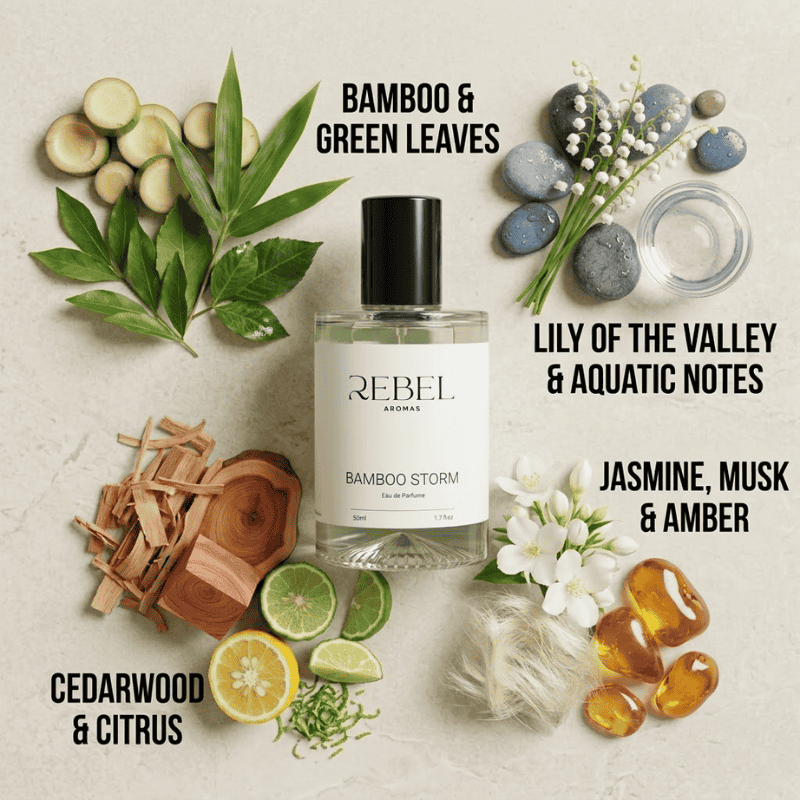 Rebel Aromas Bamboo Storm perfume bottle with natural elements on a light background