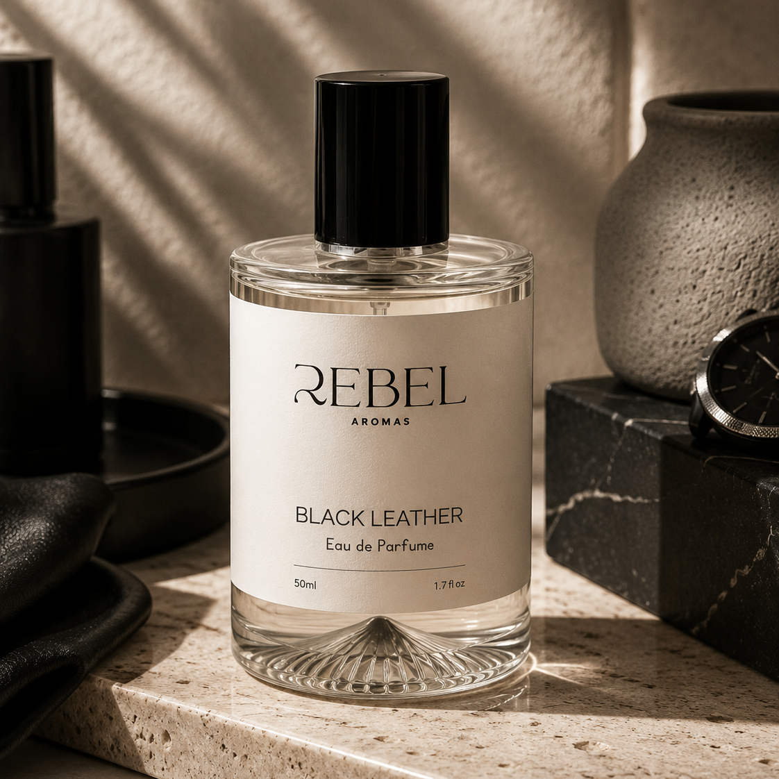 B;ack leather aftershave