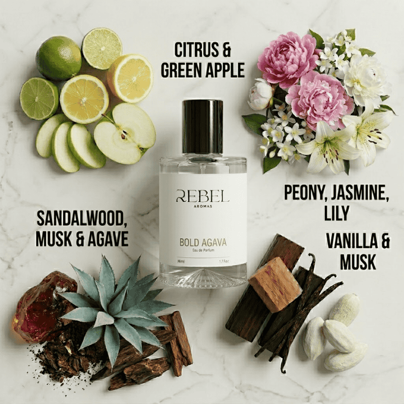 Rebel Aromas Bold Agava perfume bottle with floral, fruit, and spice elements on a marble background
