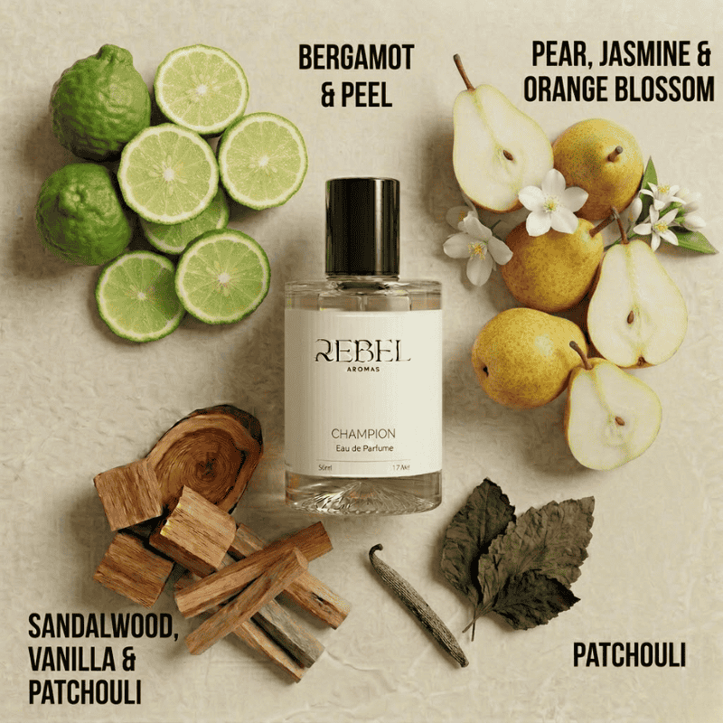 Rebel Aromas Champion perfume bottle with natural elements on a beige background