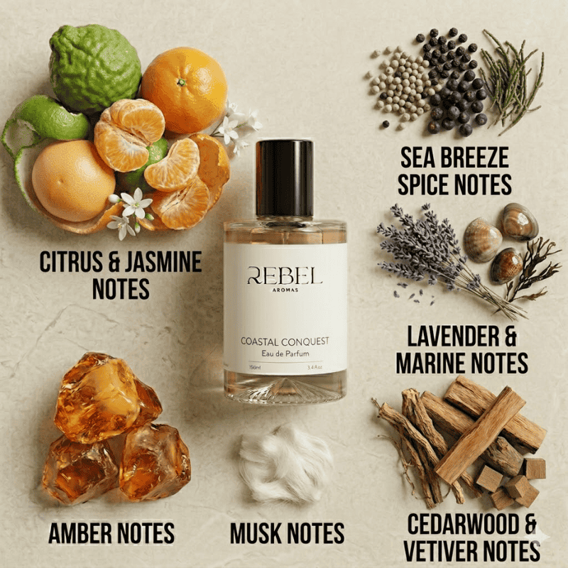 Perfume bottle labeled 'Rebel Aromas Coastal Conquest' surrounded by citrus fruits, lavender, amber, and wood elements on a textured beige background.