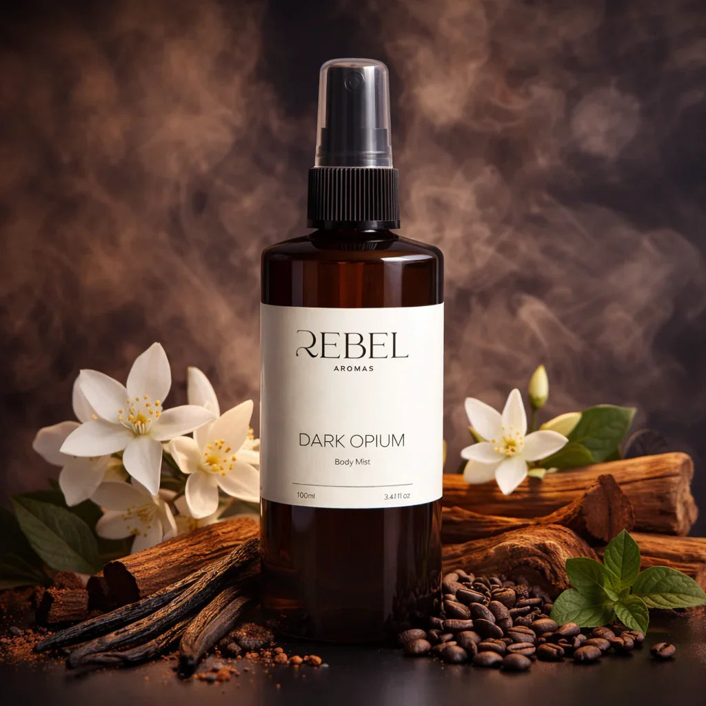 Bottle of Rebel Aromas Dark Opium body mist with flowers and spices on a dark background