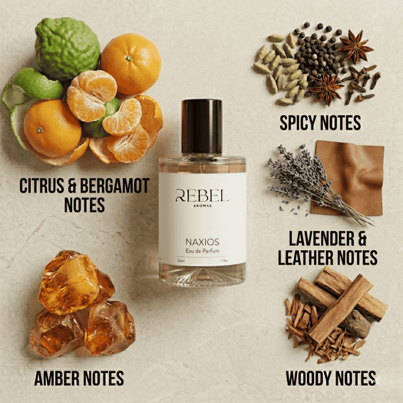 Perfume bottle labeled 'Naxios' by Rebel Aromas with notes of citrus, bergamot, spicy, lavender, leather, amber, and wood on a textured beige background.