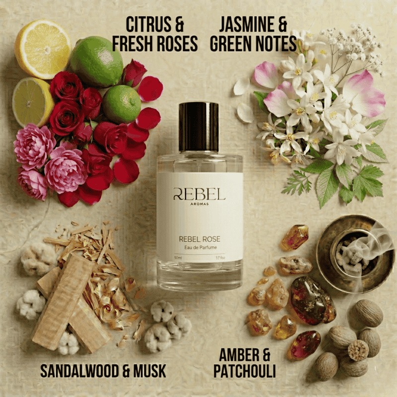 Rebel Aromas perfume bottle with floral and natural elements on a textured background