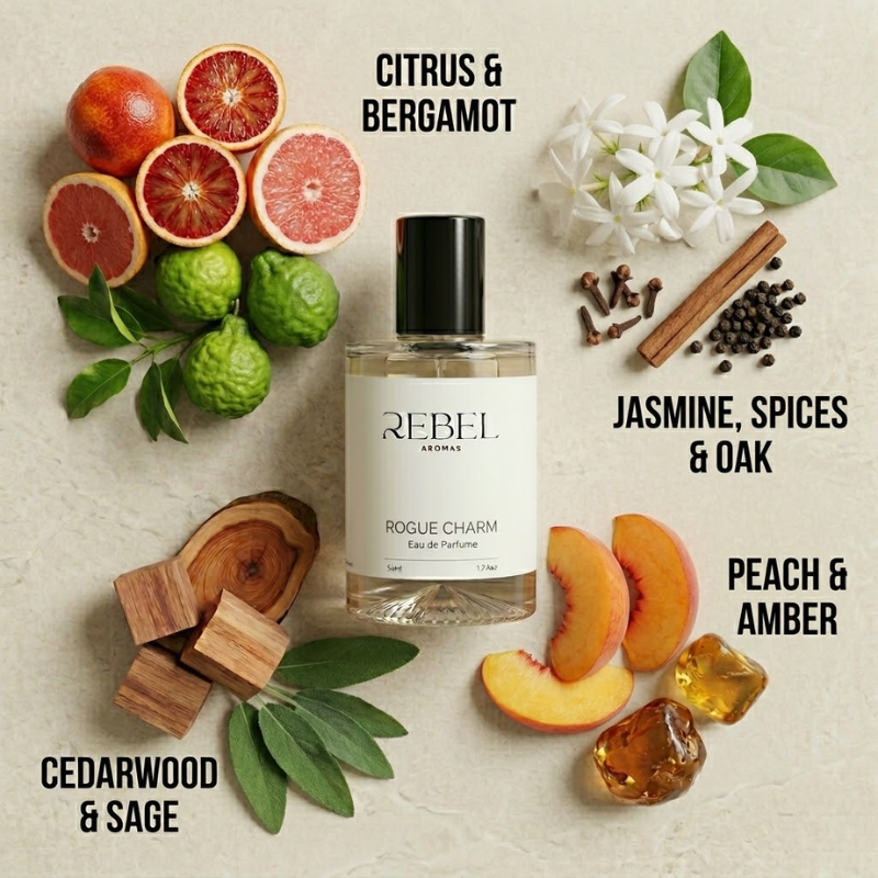 Perfume bottle labeled 'Rebel Aromas' surrounded by fruits, spices, and leaves on a neutral background.