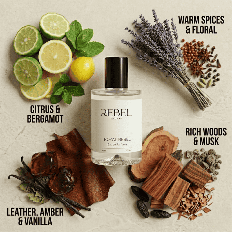 Rebel Aromas perfume bottle with natural elements and text describing fragrance notes on a light background