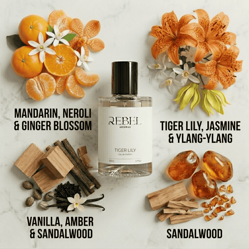 Perfume bottle with ingredients and scents labeled on a marble background