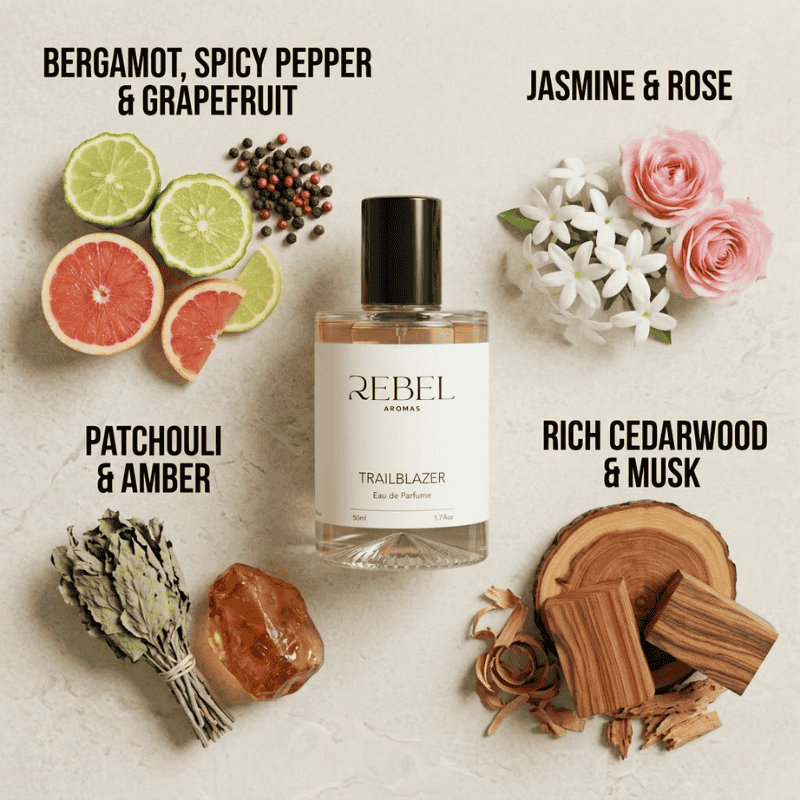 Rebel Aromas perfume bottle with fragrance notes displayed around it on a light background