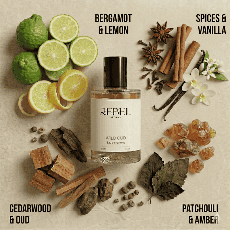 Rebel Aromas Wild Oud perfume bottle surrounded by ingredients like bergamot, lemon, spices, vanilla, cedarwood, and patchouli on a beige background.
