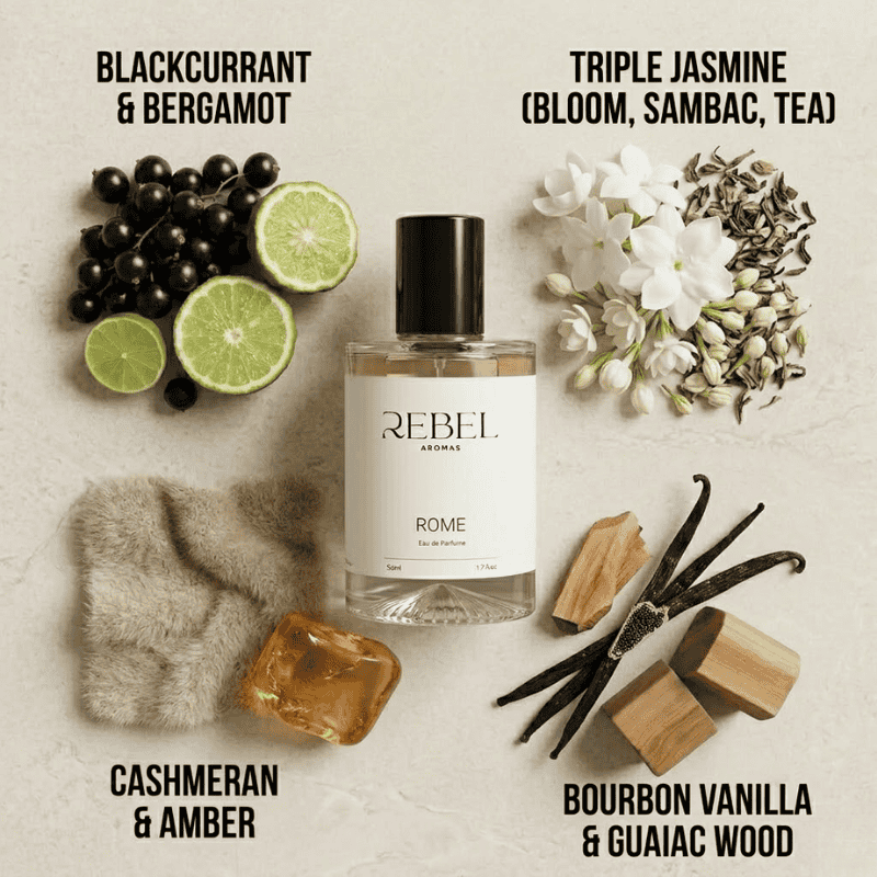 Rebel Aromas perfume bottle with blackcurrants, bergamot, jasmine, cashmeran, amber, bourbon vanilla, and guaiac wood on a light background.