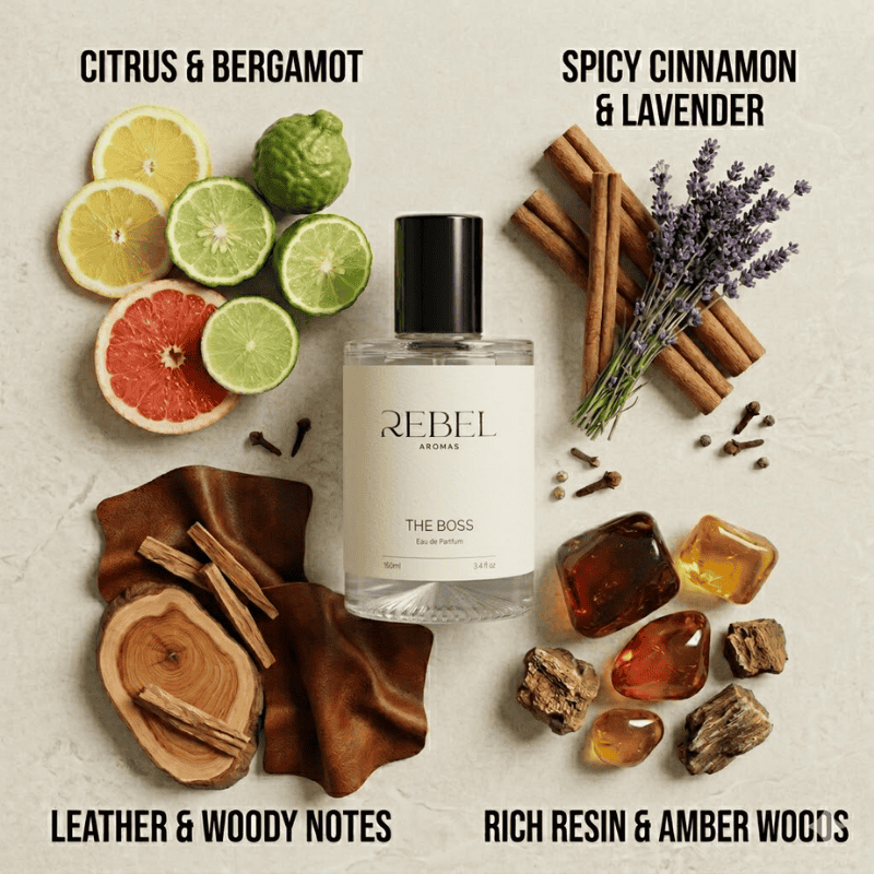 Perfume bottle labeled 'Rebel Aromas' surrounded by citrus fruits, cinnamon sticks, lavender, and amber stones on a light background.