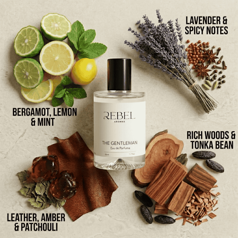 Perfume bottle labeled 'Rebel Aromas' surrounded by natural elements like herbs, fruits, and wood, with notes listed on a textured background.