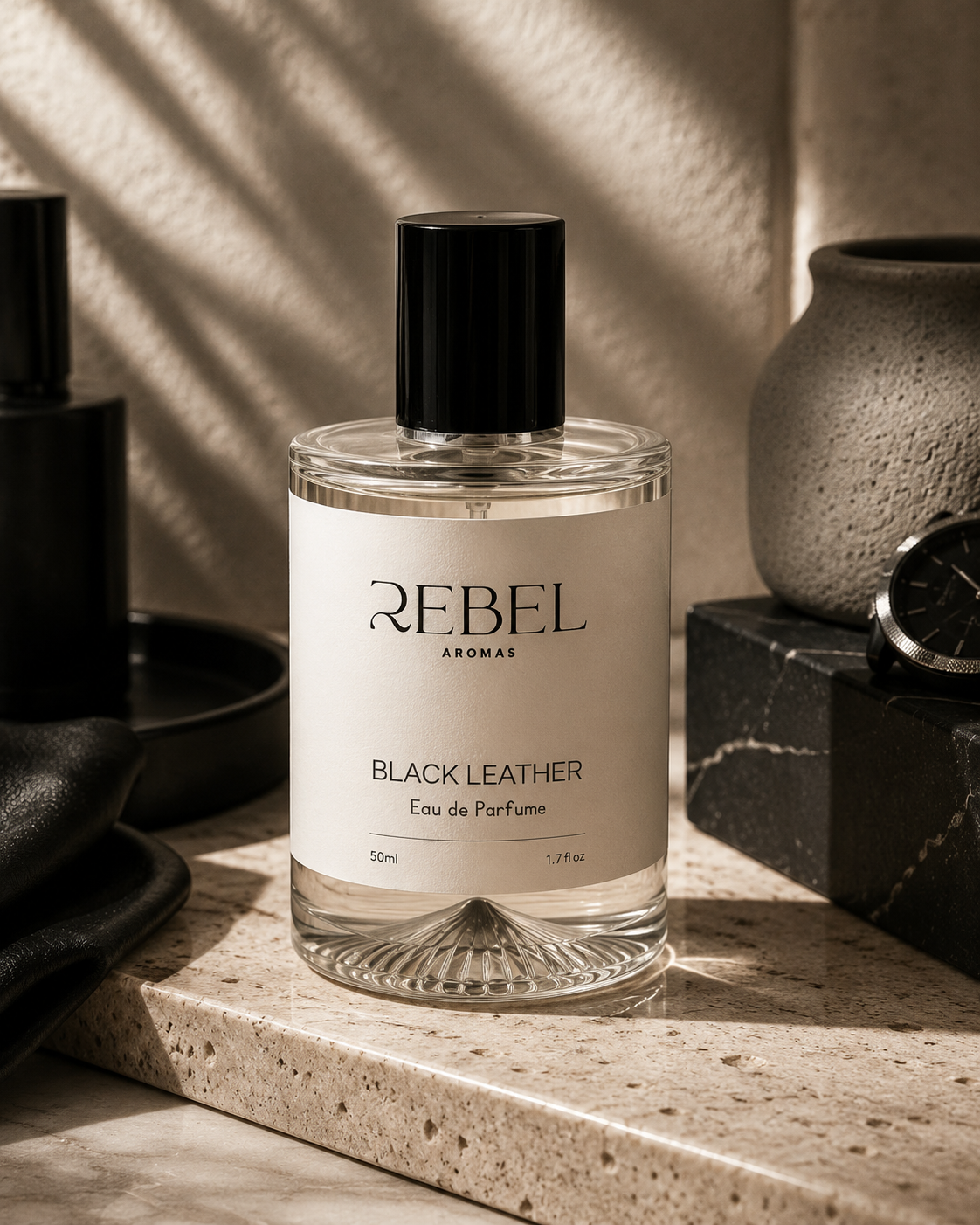 B;ack leather aftershave