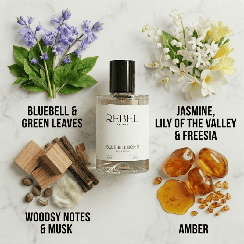 Perfume bottle labeled 'Rebel Aroms' surrounded by flowers, wood pieces, and amber on a marble background.