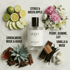Rebel Aromas Bold Agava perfume bottle with floral, fruit, and spice elements on a marble background