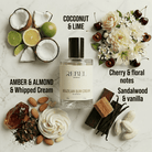 Perfume bottle with ingredients and notes on a marble surface