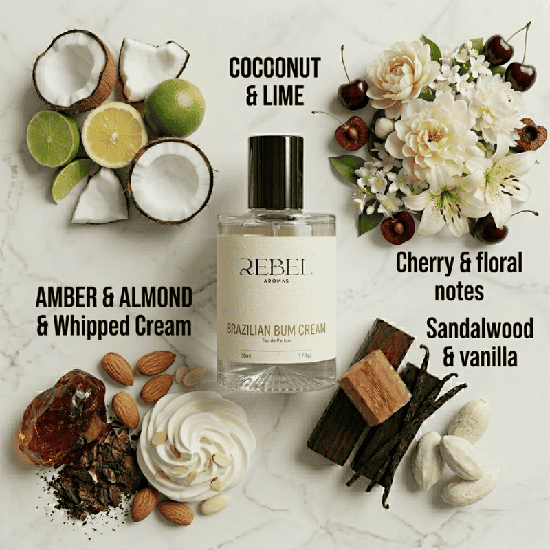 Perfume bottle with ingredients and notes on a marble surface