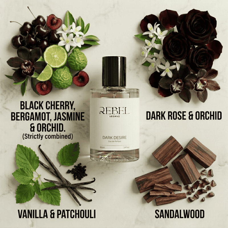 Perfume bottle labeled 'Rebel Aromas Dark Desire' surrounded by flowers, fruits, and wood elements with descriptive text.