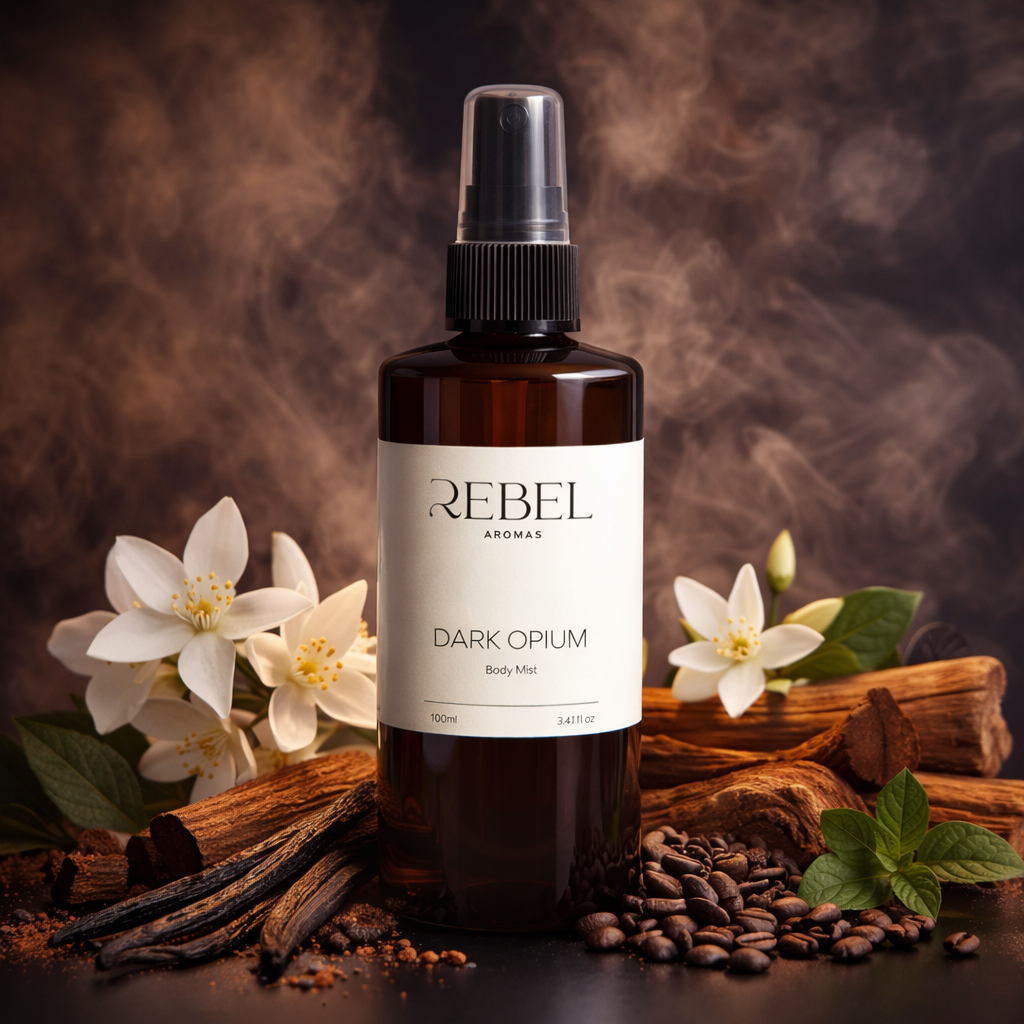 Bottle of Rebel Aromas Dark Opium body mist with flowers and spices on a dark background