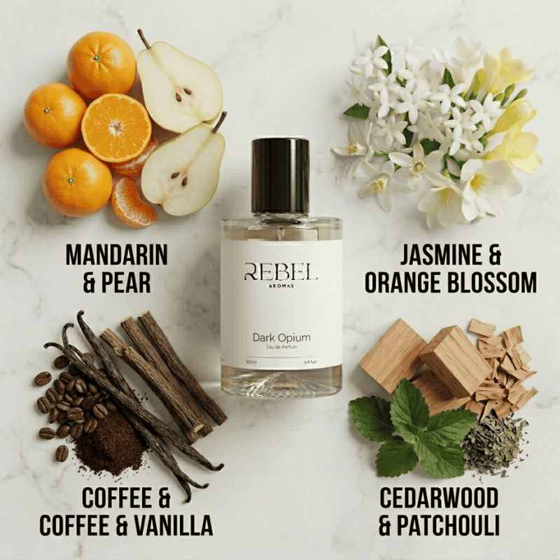 Perfume bottle labeled 'Dark Opium' by Rebel Aromas with ingredients like oranges, pears, jasmine, coffee, and cedarwood on a marble background.