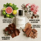 Perfume bottle labeled 'Rebel Aromas' surrounded by citrus fruits, flowers, and wood elements on a light background.