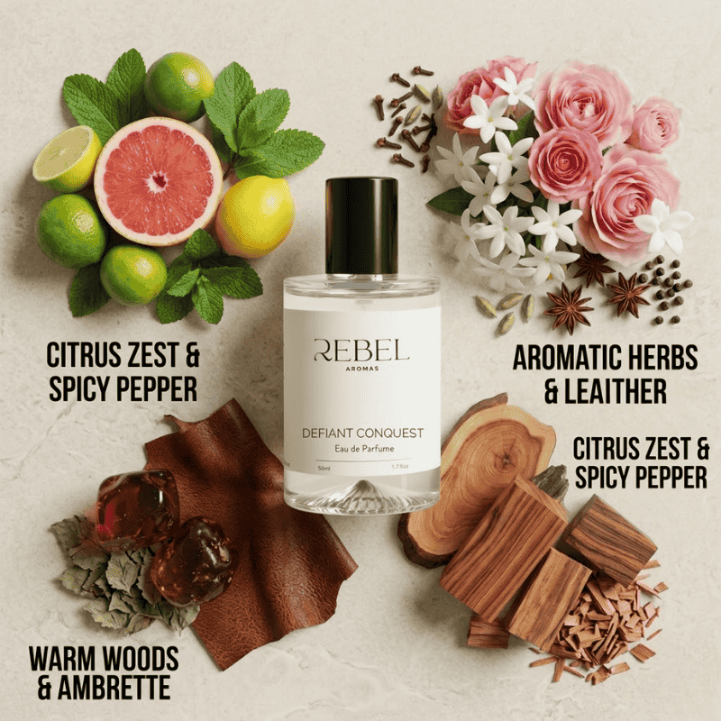 Perfume bottle labeled 'Rebel Aromas' surrounded by citrus fruits, flowers, and wood elements on a light background.