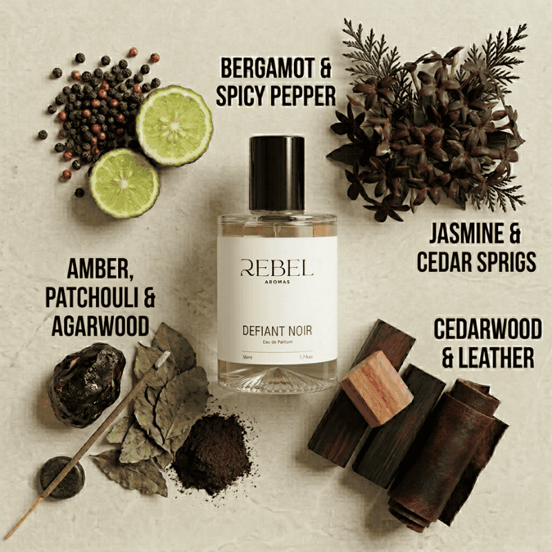 Rebel Aromas Defiant Noir perfume bottle with natural elements on a textured surface