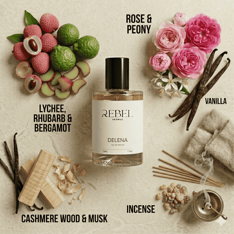Perfume bottle labeled 'REBEL' surrounded by flowers, fruits, and incense on a textured surface.