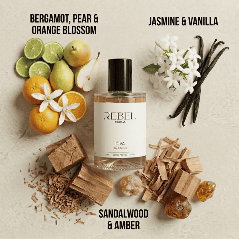 Perfume bottle labeled 'REBEL' surrounded by fruits, flowers, and wood elements on a neutral background.