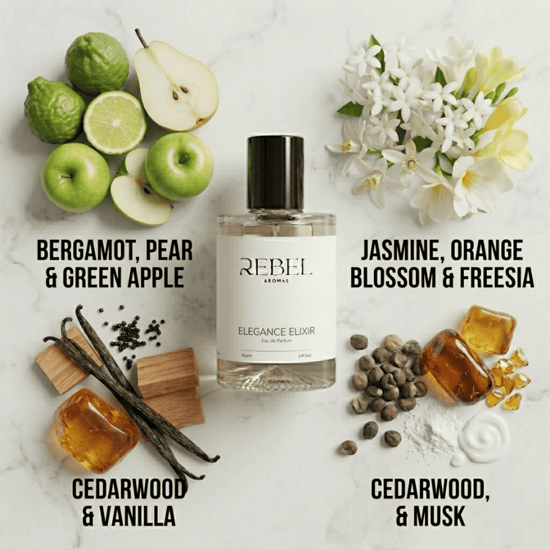 Perfume bottle labeled 'Rebel Aroms' surrounded by fruits, flowers, and spices on a marble surface.