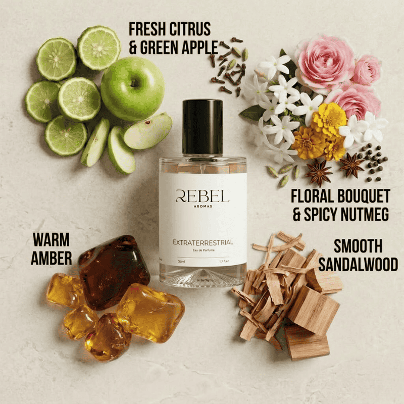 Perfume bottle labeled 'Rebel Aromas' surrounded by fruits, flowers, and wood pieces on a light background.