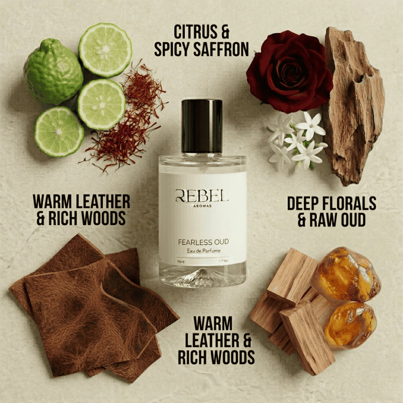 Perfume bottle labeled 'Rebel Aromas Fearless Oud' surrounded by natural elements on a textured background