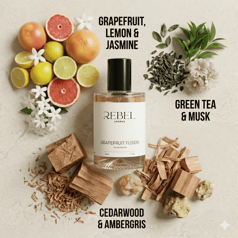 Perfume bottle labeled 'Rebel Aromas' surrounded by fruits, flowers, and wood pieces on a light background