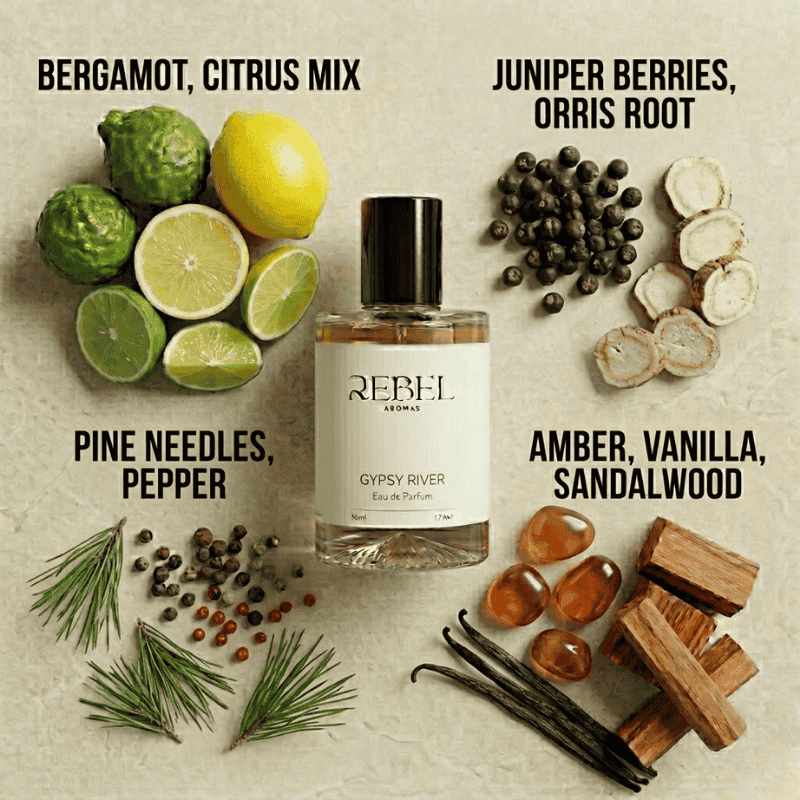 Perfume bottle with ingredients labeled on a textured background