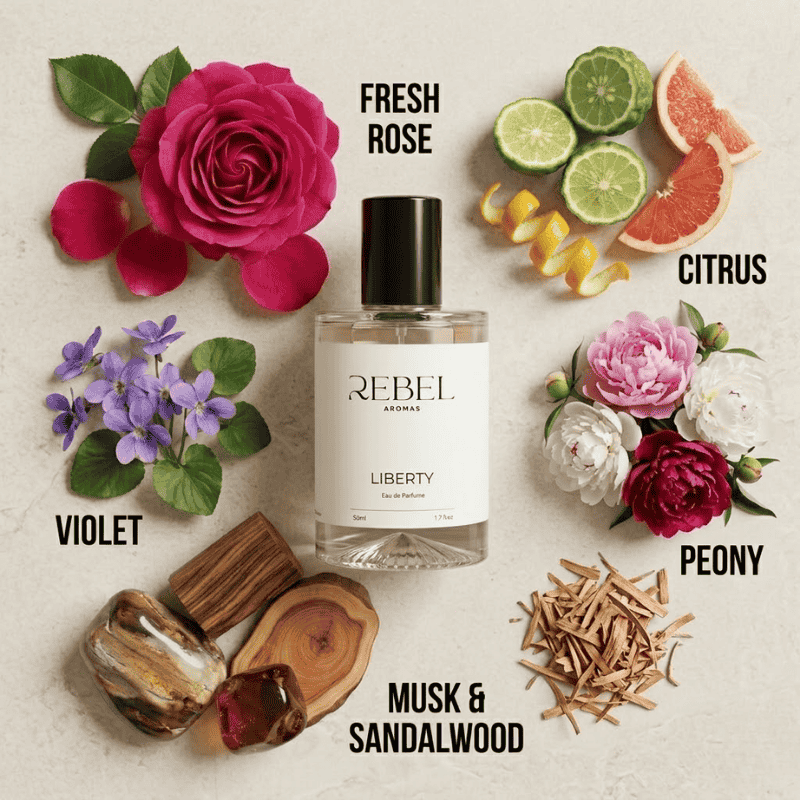 Perfume bottle labeled 'Rebel Aromas Liberty' surrounded by flowers and natural elements on a light background