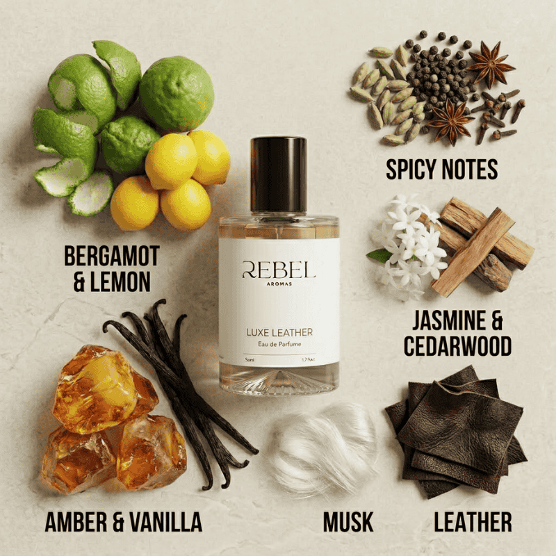 Perfume bottle labeled 'Rebel Aromas' surrounded by spices and fruits with notes listed.