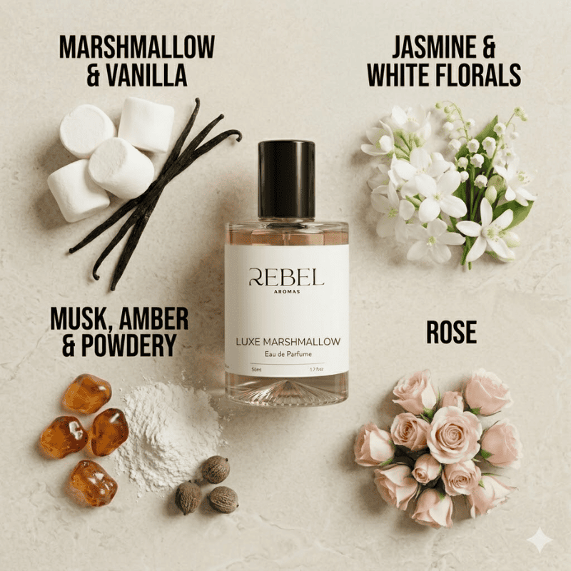 Rebel Aromas perfume bottle with marshmallows, vanilla beans, flowers, and amber on a light background