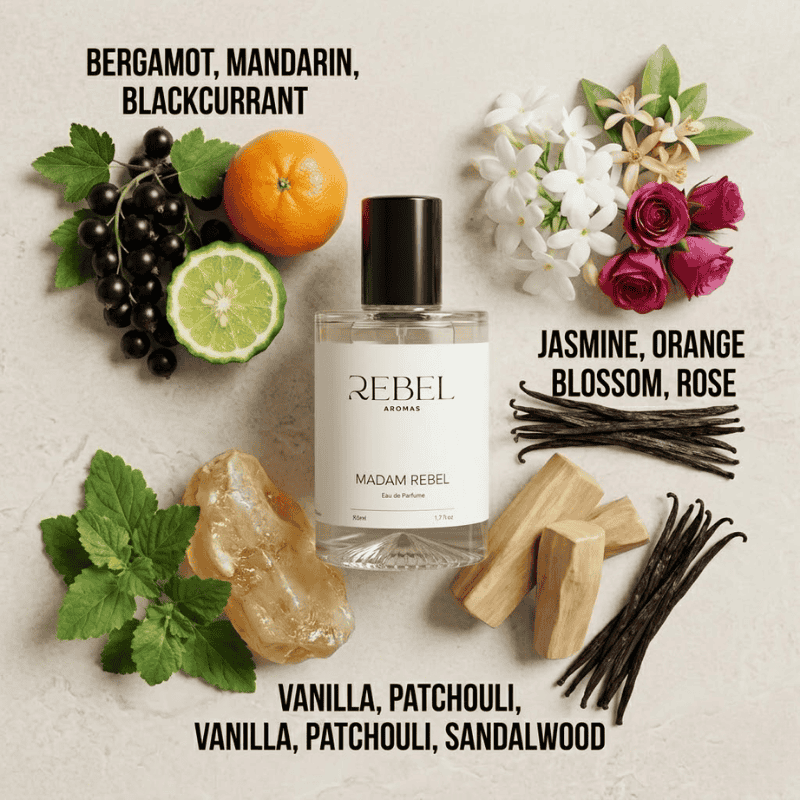 Perfume bottle labeled 'Rebel' surrounded by fruits, flowers, and herbs on a textured surface.