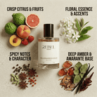 Perfume bottle labeled 'Rebel Aroms Millionairess Gold' surrounded by fruits, flowers, and spices on a textured beige background.