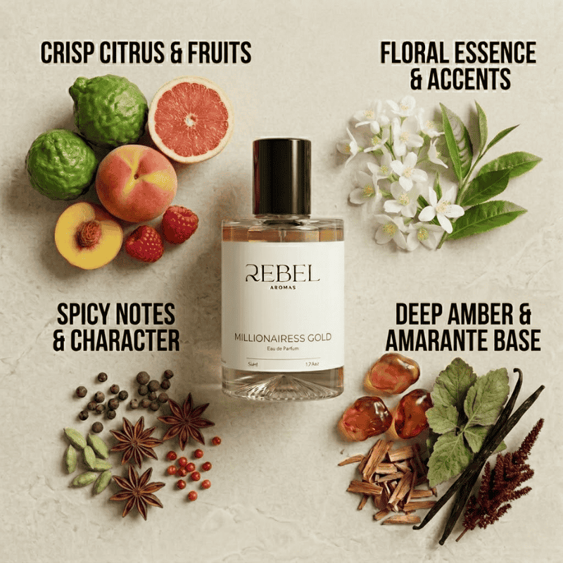 Perfume bottle labeled 'Rebel Aroms Millionairess Gold' surrounded by fruits, flowers, and spices on a textured beige background.