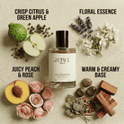 Perfume bottle labeled 'Rebel Aroms Millionairess' with floral and fruit elements on a textured background.