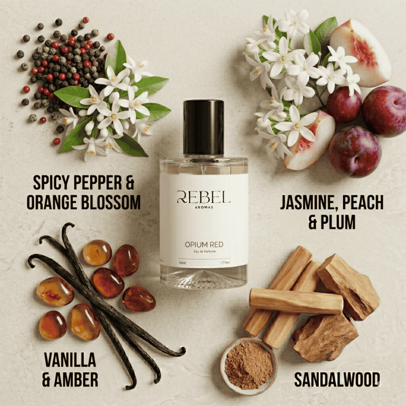 Perfume bottle labeled 'Opium Red' by Rebel Aromas with ingredients like vanilla, amber, sandalwood, jasmine, peach, plum, and spices.