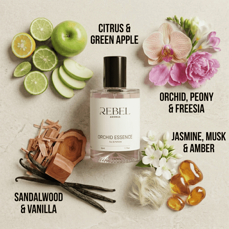 Perfume bottle labeled 'Rebel Aromas' surrounded by fruits, flowers, and spices on a light background