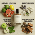 Perfume bottle with natural elements and scents listed on a textured background