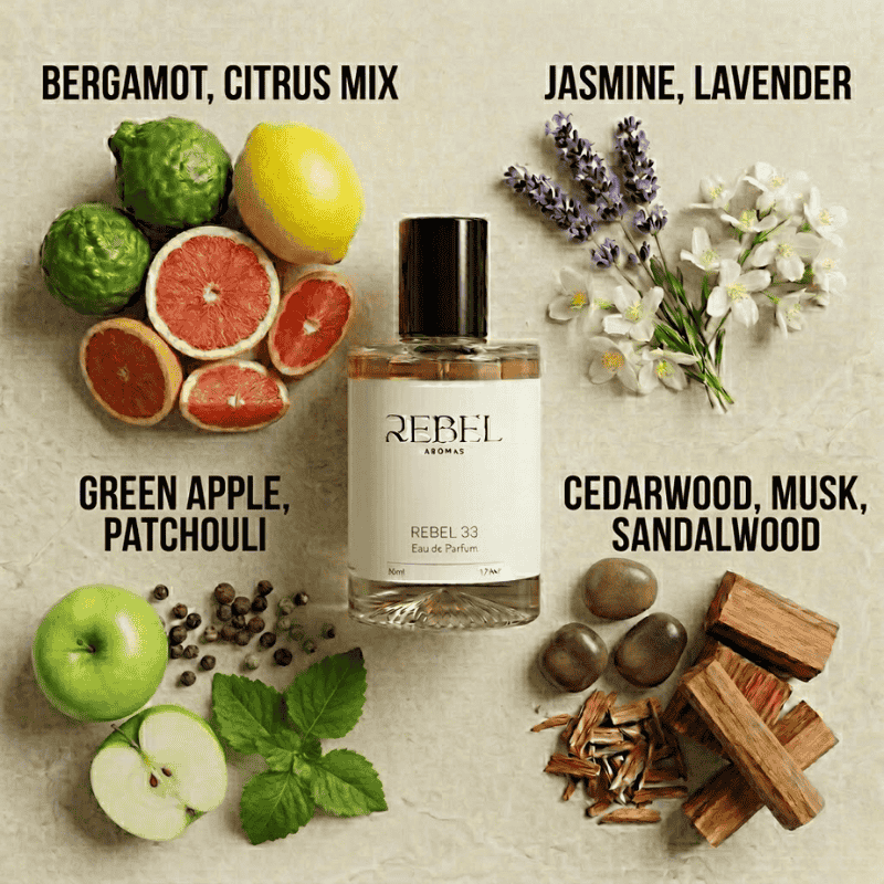 Perfume bottle with natural elements and scents listed on a textured background