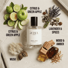 Perfume bottle labeled 'Rebel Aromas' surrounded by scents like citrus, green apple, lavender, spices, wood, amber, and musk.