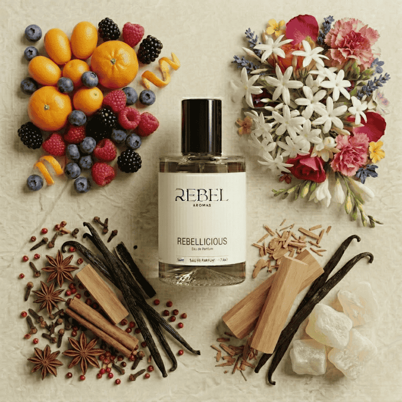 Rebel Aromas Rebellicious perfume bottle surrounded by fruits, flowers, and spices on a textured surface.