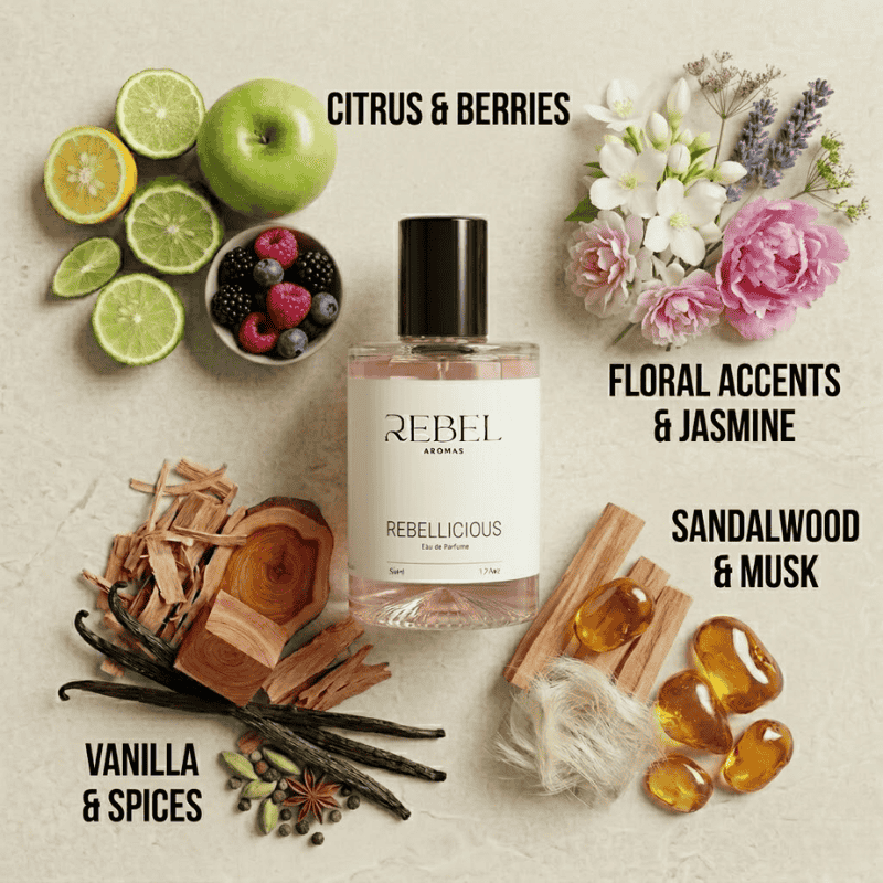 Perfume bottle labeled 'Rebel' with scents listed around it on a textured surface.