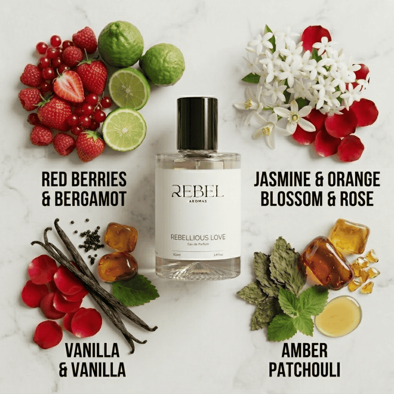 Perfume bottle labeled 'Rebel Aromas' surrounded by fruits, flowers, and spices on a white marble background.