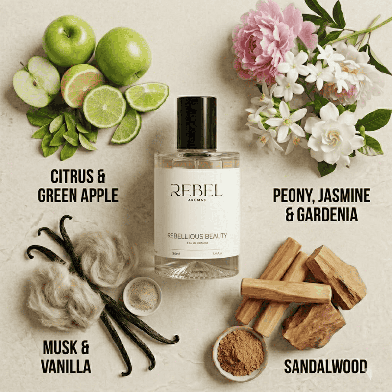Perfume bottle labeled 'Rebel Aromas' surrounded by fruits, flowers, and wood elements with descriptive text.